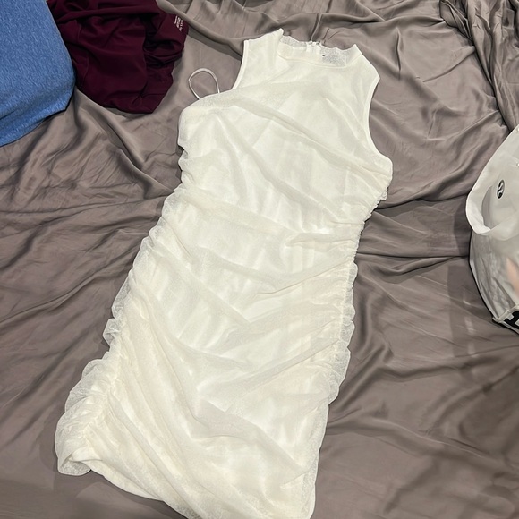 NWOT LULUS Modern Movement White Mesh Ruched Mock Neck Mini Dress - Picture 4 of 6